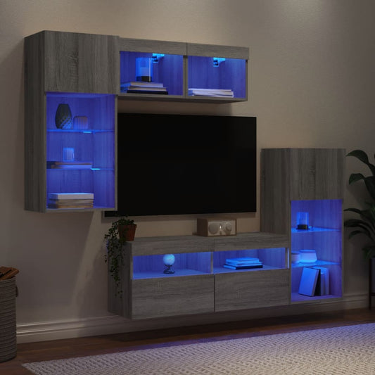 5 Piece TV Wall Units with LED Grey Sonoma Engineered Wood