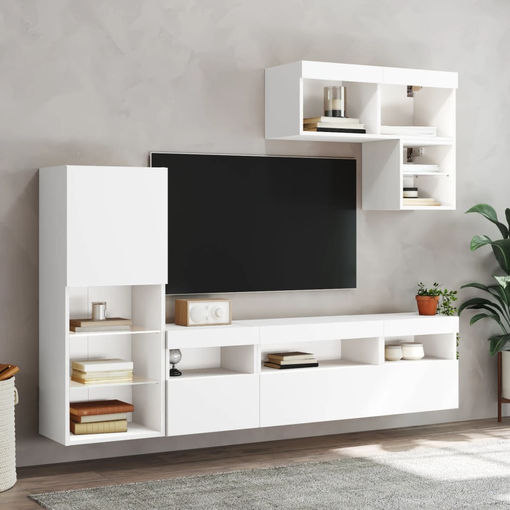 6 Piece TV Wall Units with LED White Engineered Wood