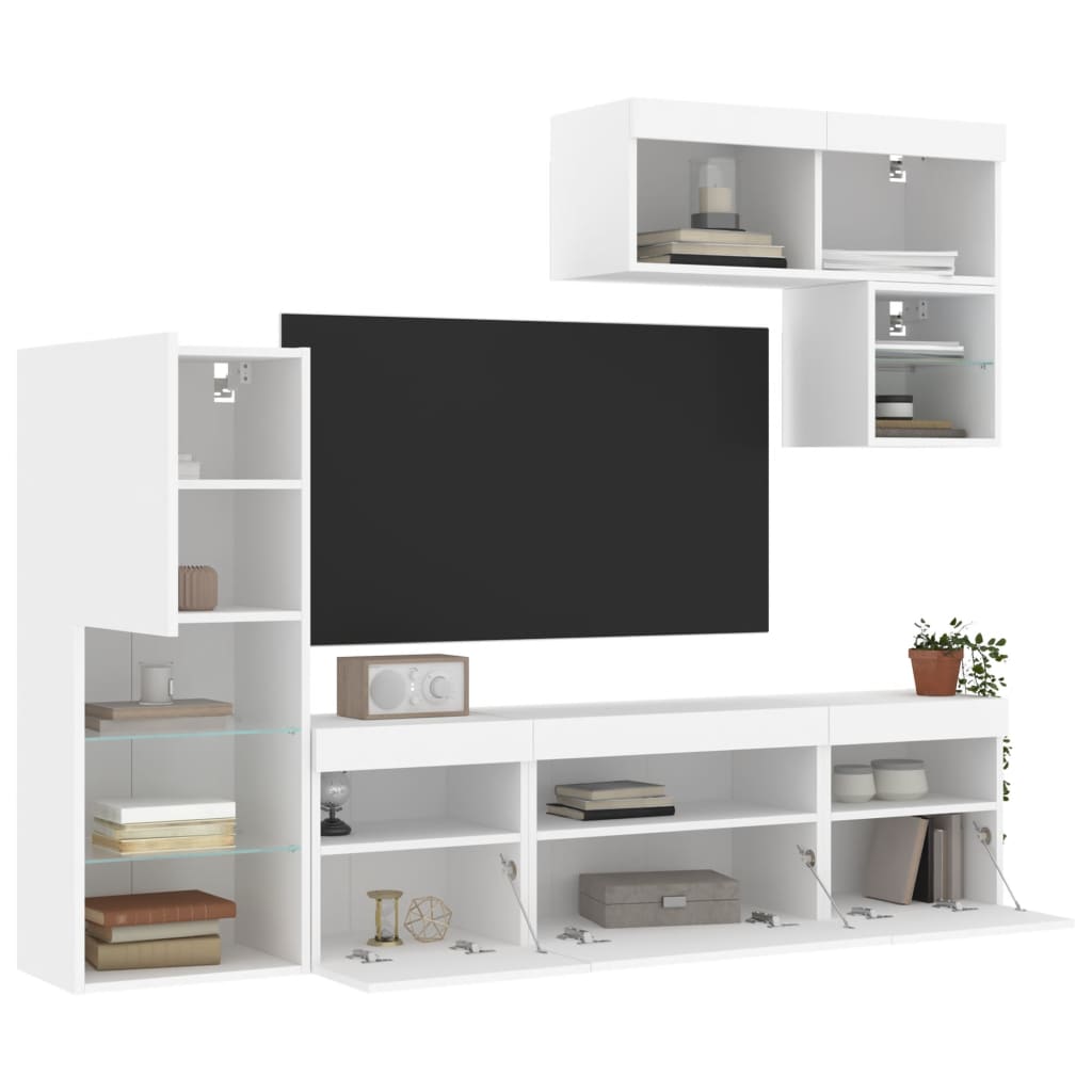 6 Piece TV Wall Units with LED White Engineered Wood