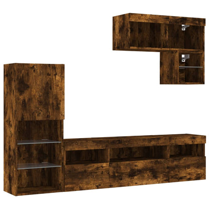 6 Piece TV Wall Units with LED Smoked Oak Engineered Wood