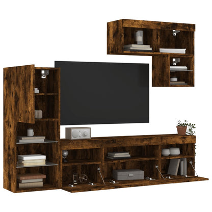 6 Piece TV Wall Units with LED Smoked Oak Engineered Wood