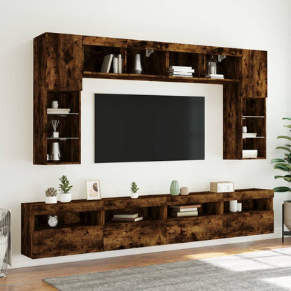 8 Piece TV Wall Cabinet Set with LED Lights Smoked Oak