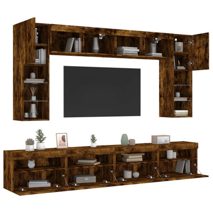 8 Piece TV Wall Cabinet Set with LED Lights Smoked Oak