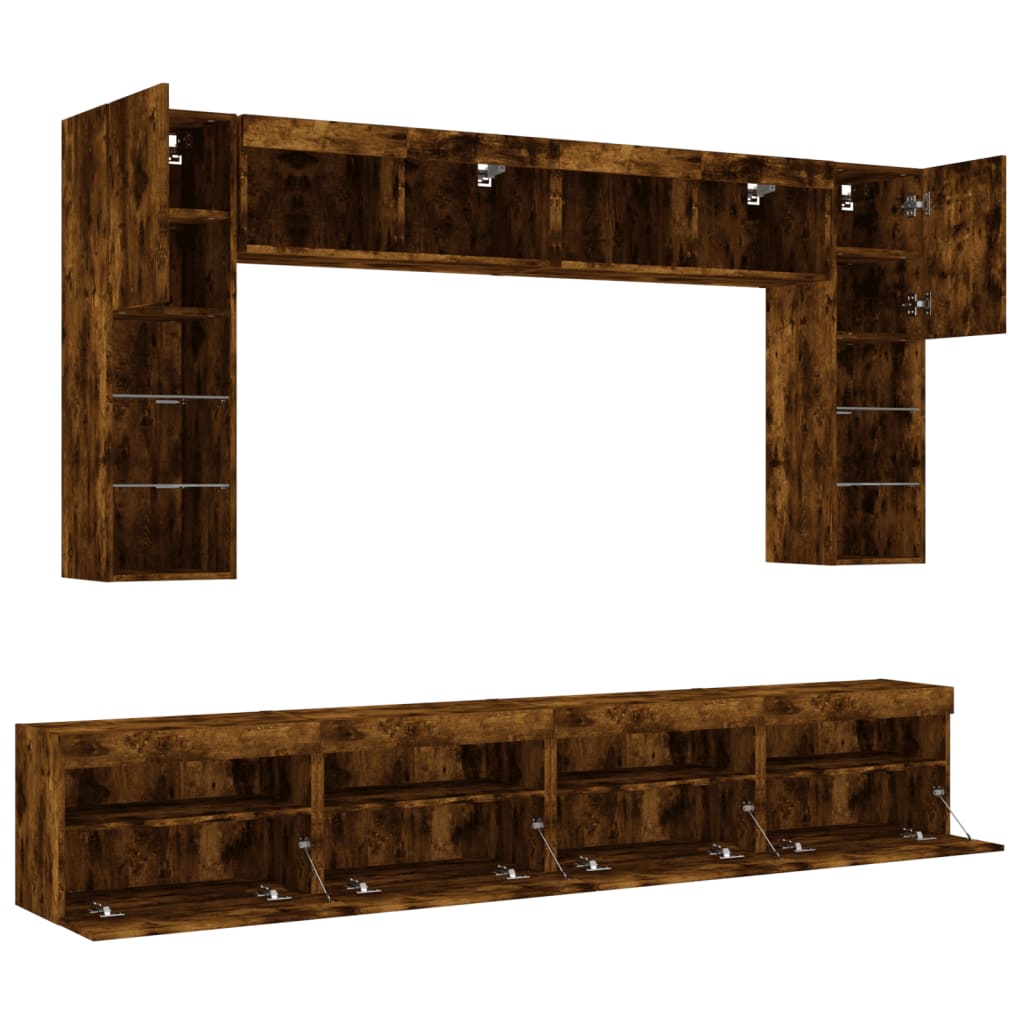 8 Piece TV Wall Cabinet Set with LED Lights Smoked Oak