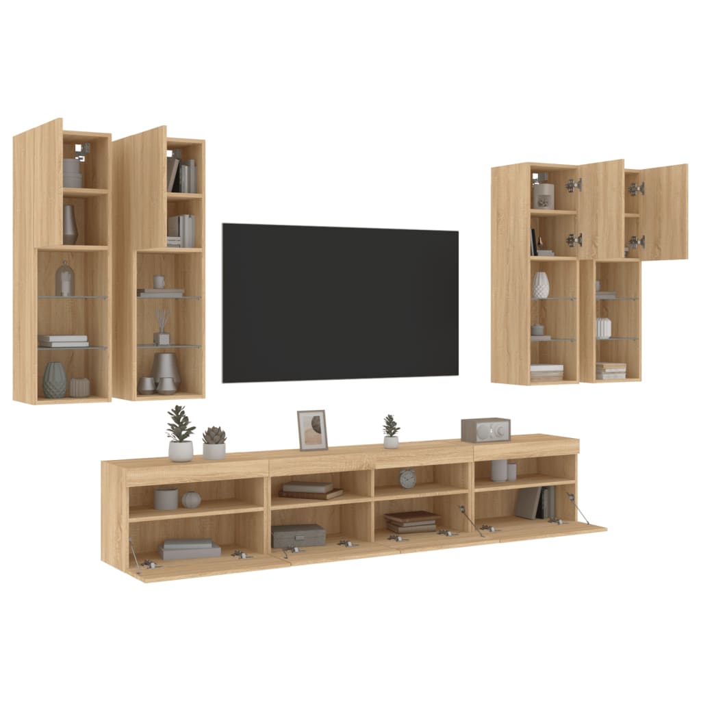 7 Piece TV Wall Cabinet Set with LED Lights Sonoma Oak