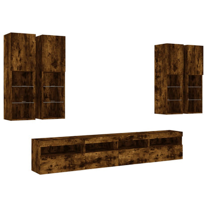 7 Piece TV Wall Cabinet Set with LED Lights Smoked Oak