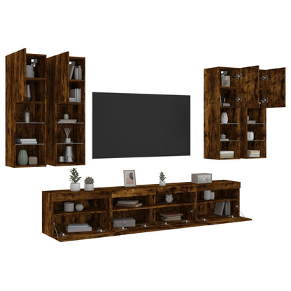 7 Piece TV Wall Cabinet Set with LED Lights Smoked Oak