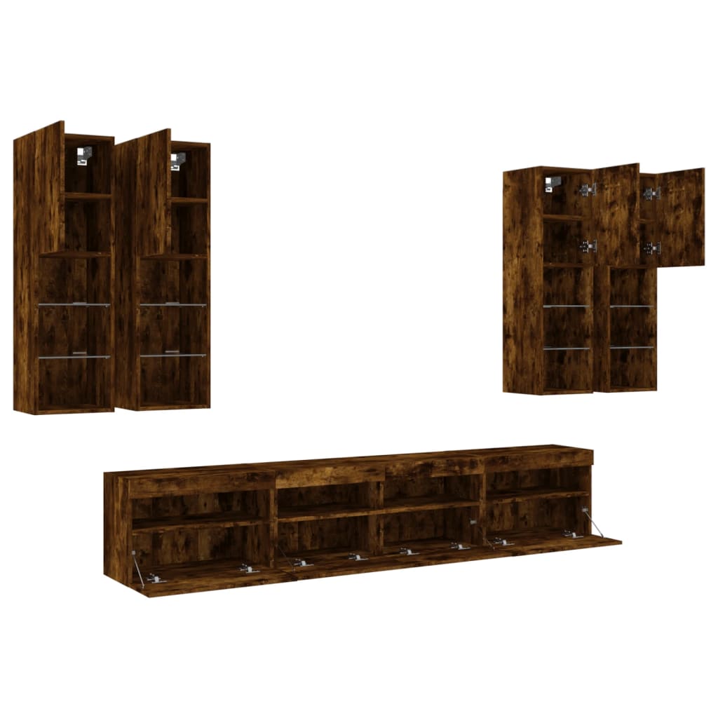 7 Piece TV Wall Cabinet Set with LED Lights Smoked Oak