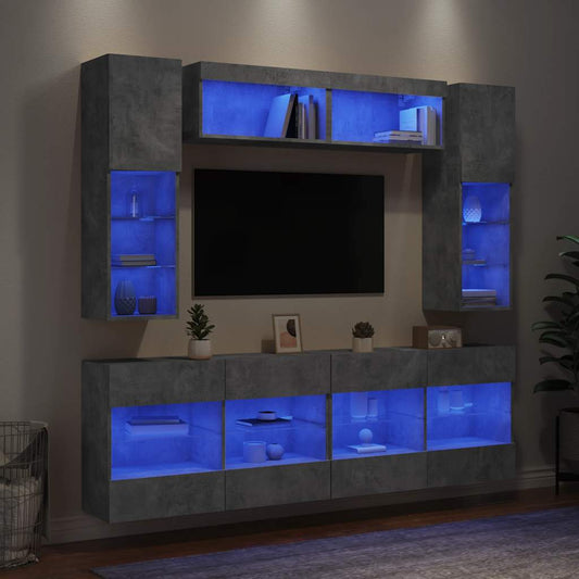 6 Piece TV Wall Cabinet Set with LED Lights Concrete Grey