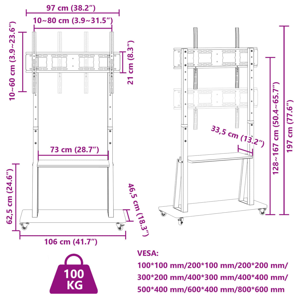 TV Stand on Wheels 32-90 Inch Screen Max VESA 800x600 mm 100kg
