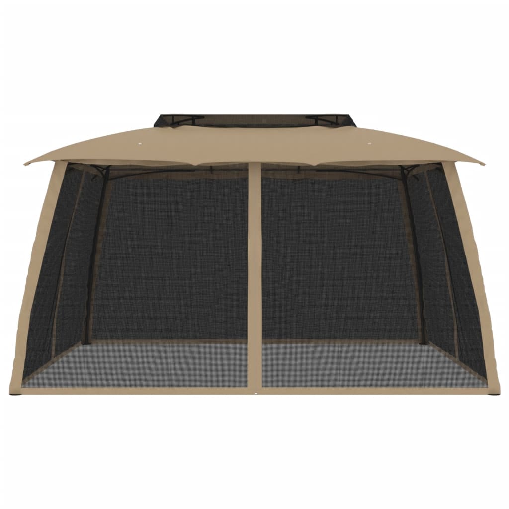 Gazebo with Double Roof and Mesh Walls Taupe 3.93x2.93 m Steel