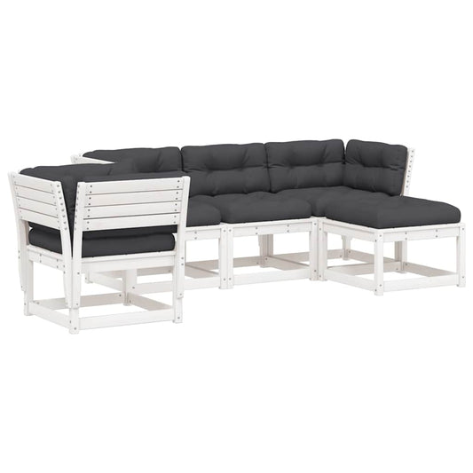 5 Piece Garden Lounge Set with Cushions White Solid Wood Pine