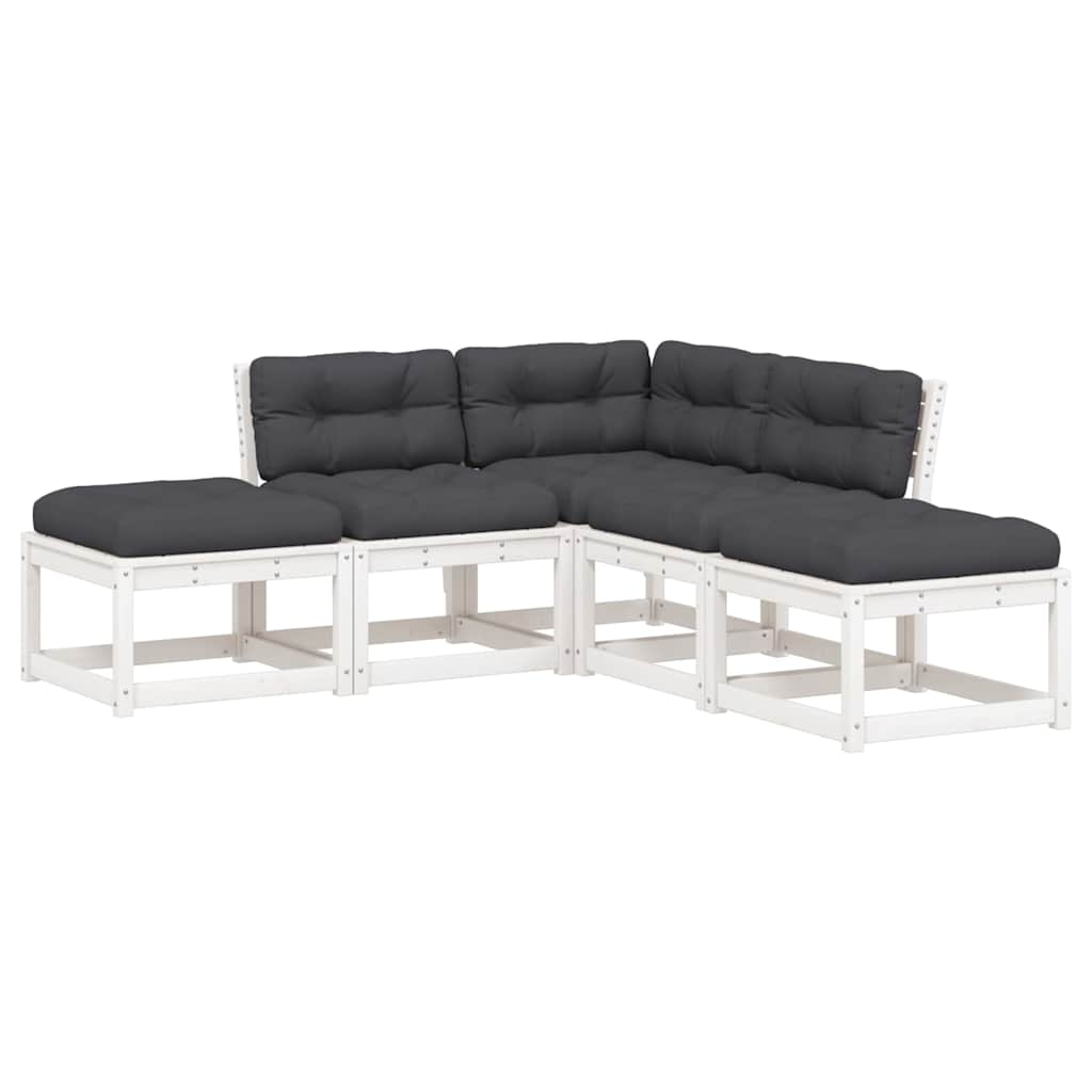 5 Piece Garden Sofa Set with Cushions White Solid Wood Pine