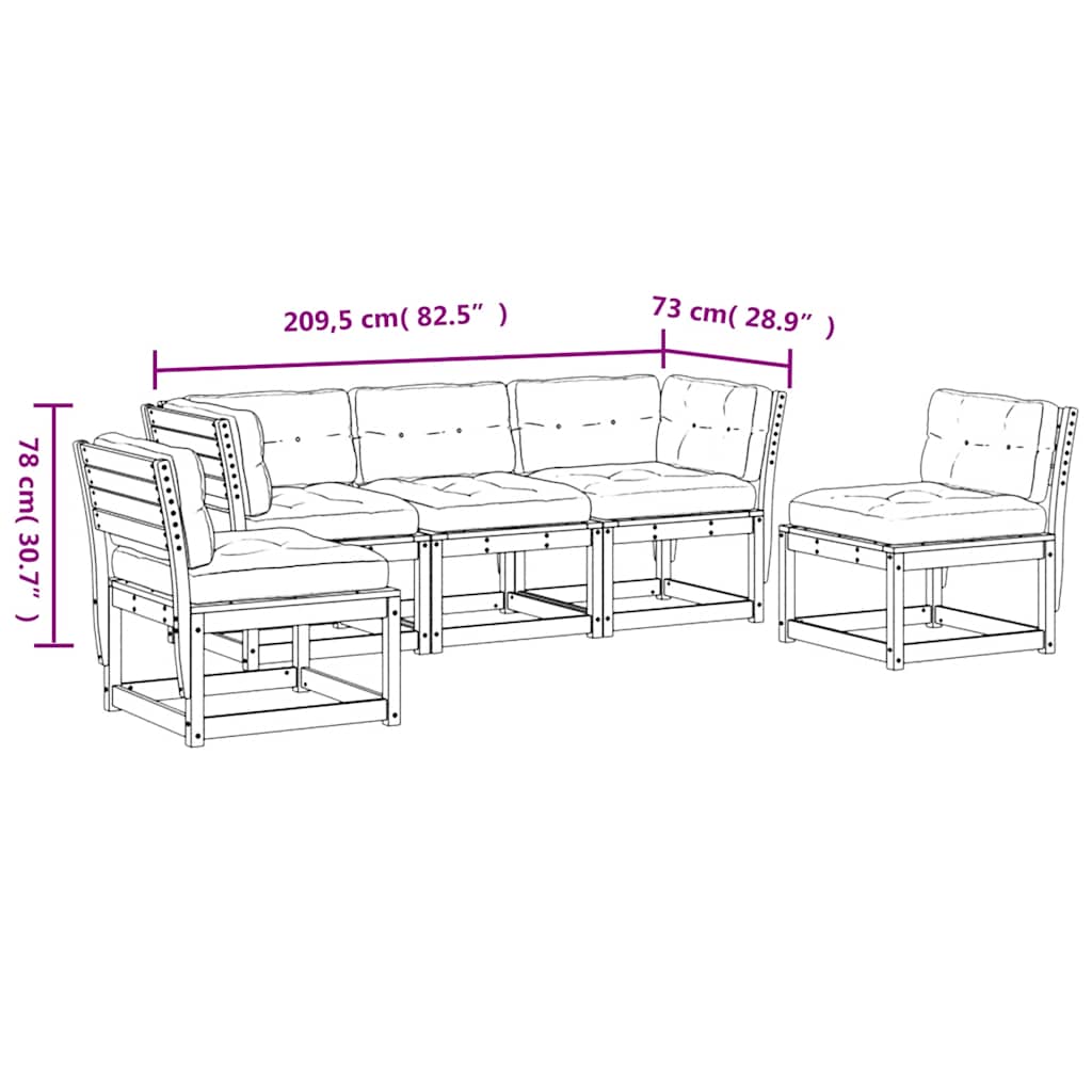 5 Piece Garden Sofa Set with Cushions Solid Wood Pine