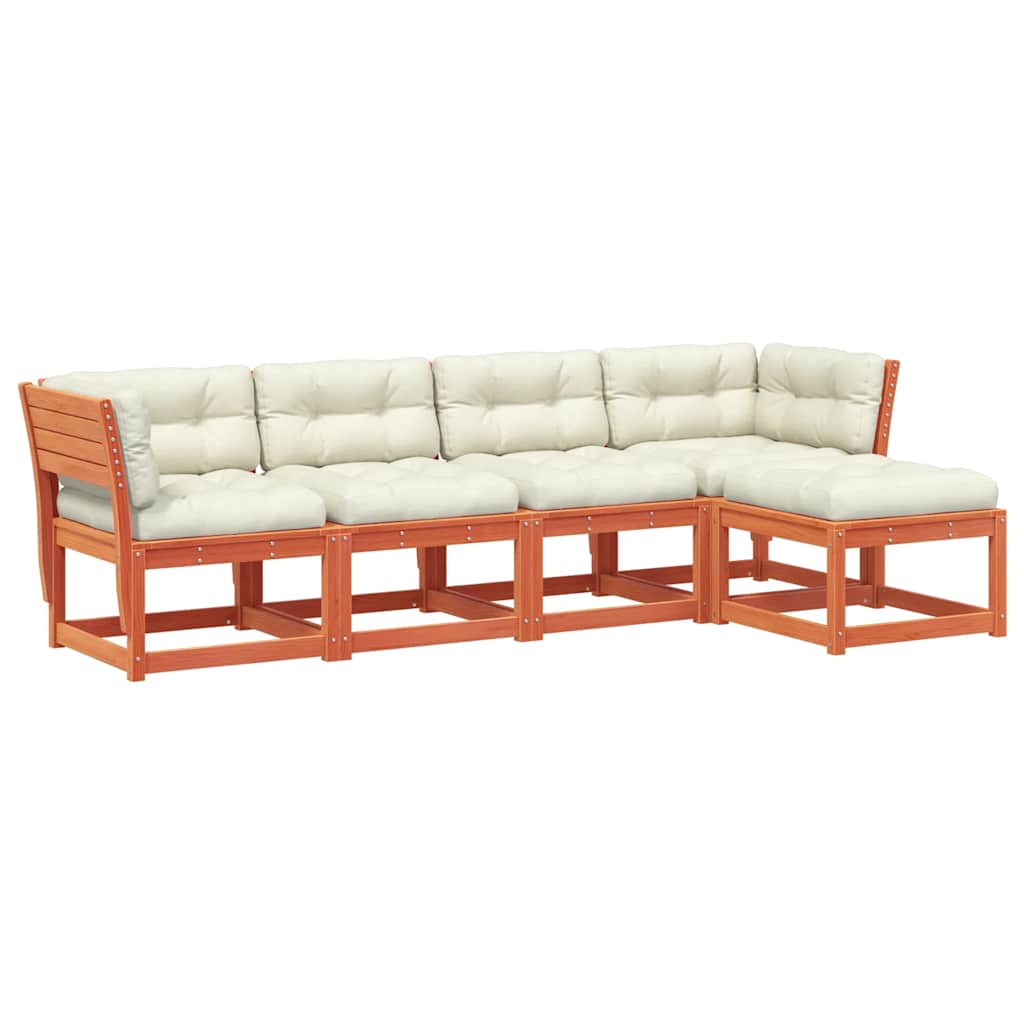 5 Piece Garden Sofa Set with Cushions Wax Brown Solid Wood Pine