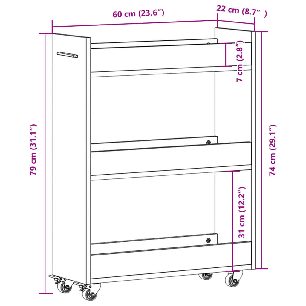 Cabinet with Wheels White 60x22x79 cm Engineered Wood