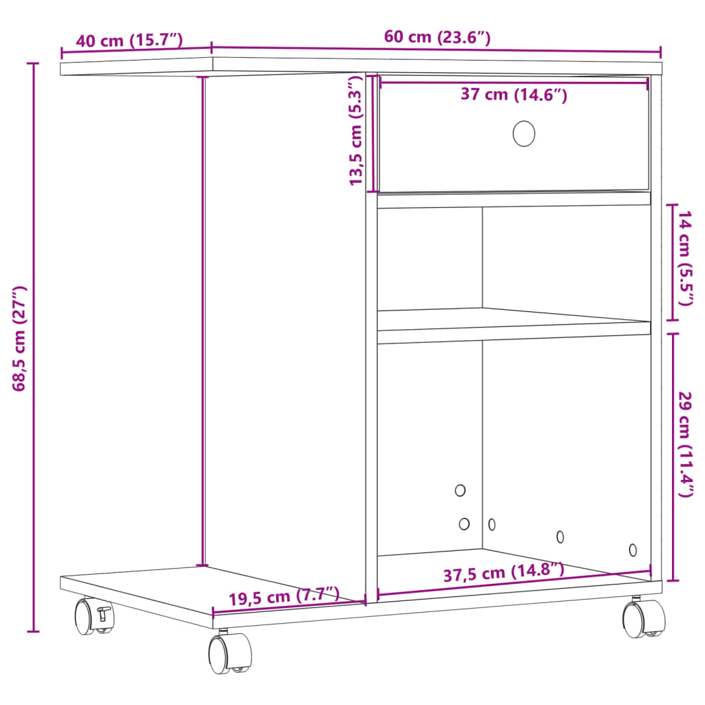 Printer Stand with Wheels Smoked Oak 60x40x68,5 cm
