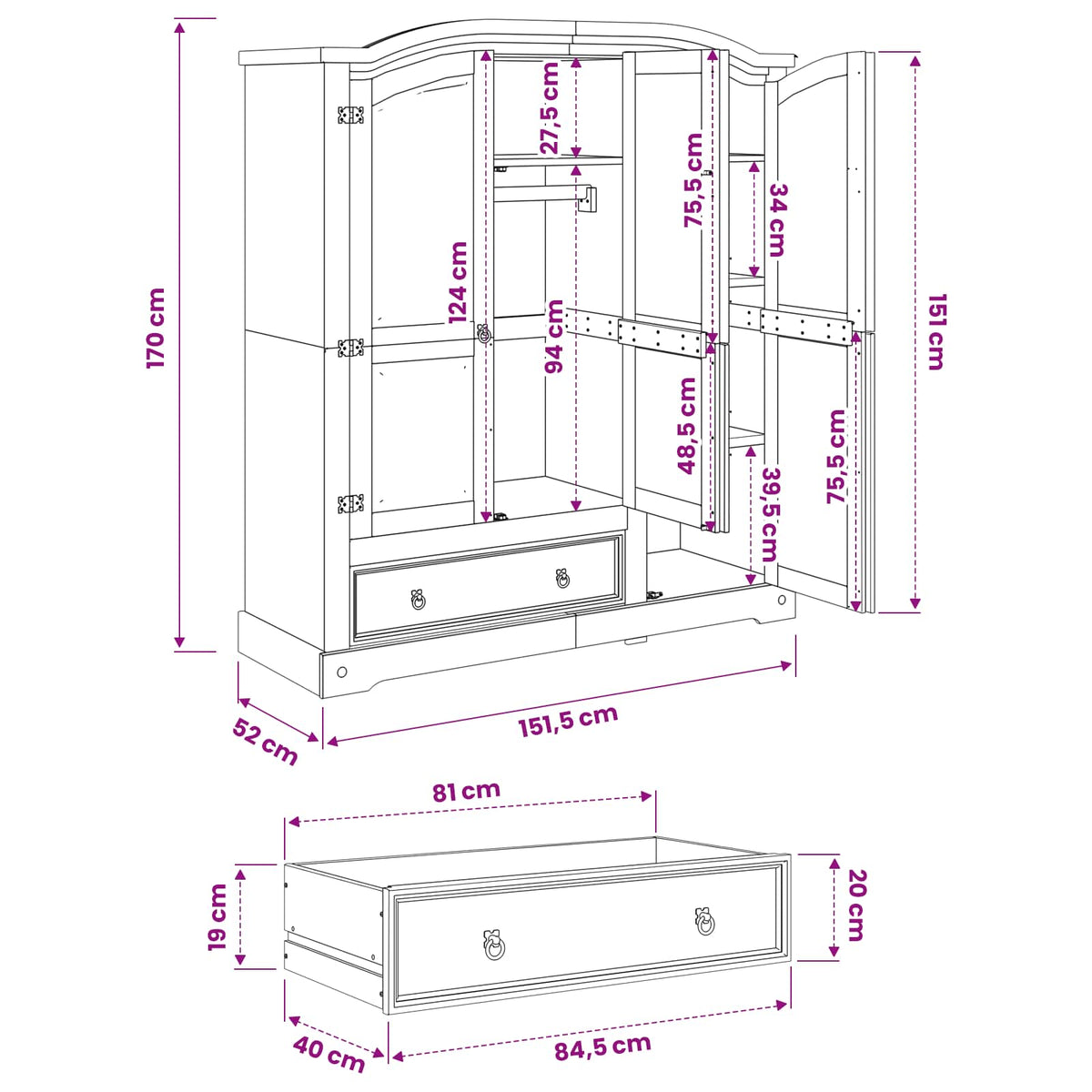 Wardrobe "Corona" 151,5x52x170 cm Solid Wood Pine