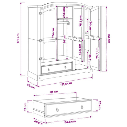 Wardrobe "Corona" 151,5x52x170 cm Solid Wood Pine