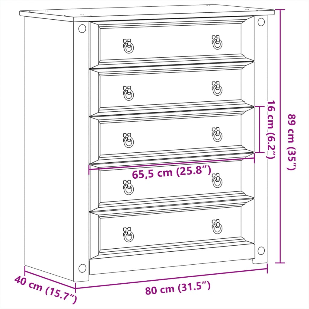 Chest of Drawers "Corona" 80x40x89 cm Solid Wood Pine