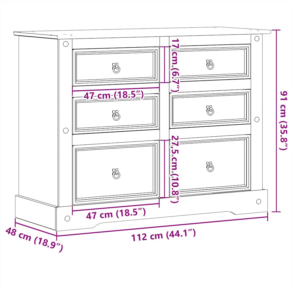 Chest of Drawers Corona 112x48x91 cm Solid Wood Pine