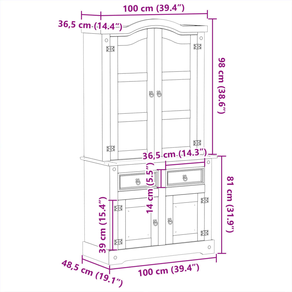 Glass Display Cabinet "Corona" 100x48,5x179 cm Solid Wood Pine