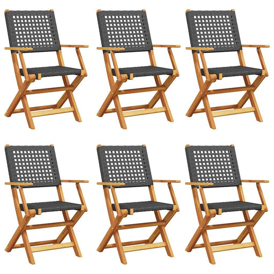 Folding Garden Chairs 6 pcs Black Poly Rattan and Solid Wood