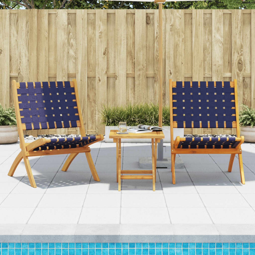 Folding Chairs 2 pcs with Table Dark Blue Solid Wood