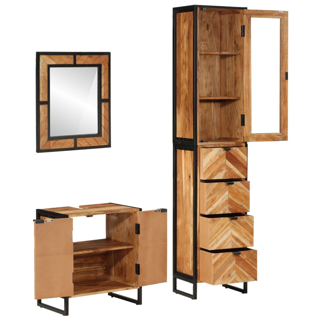 3 Piece Bathroom Furniture Set Iron and Solid Wood Acacia