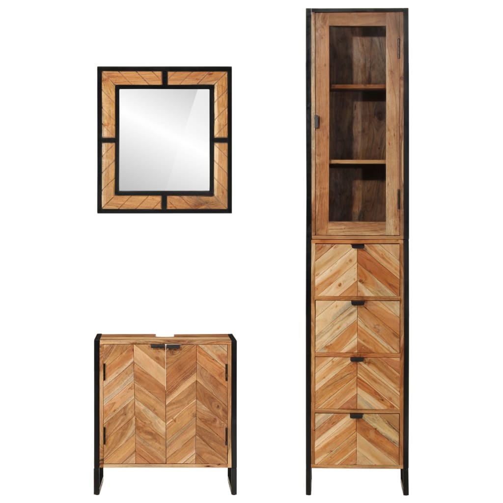 3 Piece Bathroom Furniture Set Iron and Solid Wood Acacia