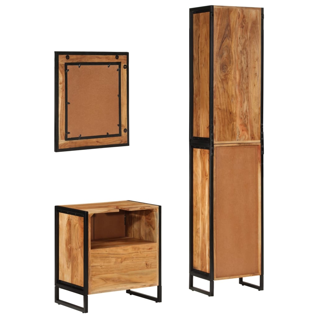 3 Piece Bathroom Furniture Set Iron and Solid Wood Acacia