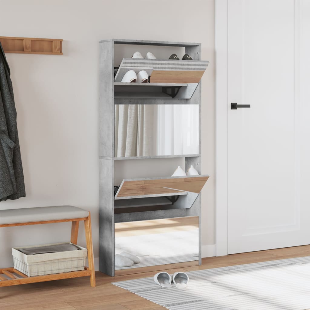 Shoe Cabinet with Mirror 4-Layer Concrete Grey 63x17x134 cm
