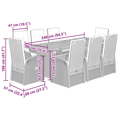 9 Piece Garden Dining Set with Cushions Grey Poly Rattan