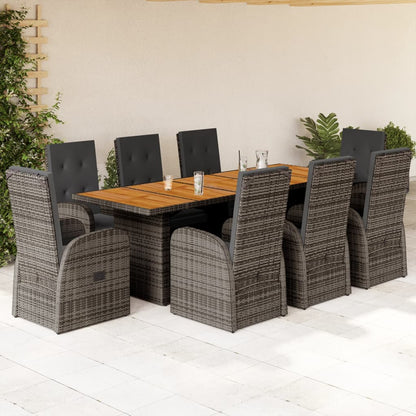 9 Piece Garden Dining Set with Cushions Grey Poly Rattan