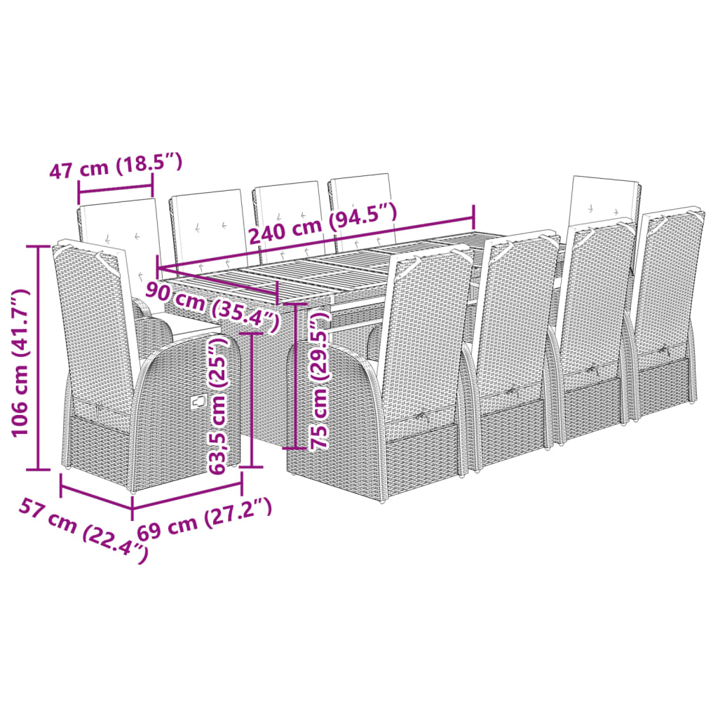 11 Piece Garden Dining Set with Cushions Grey Poly Rattan