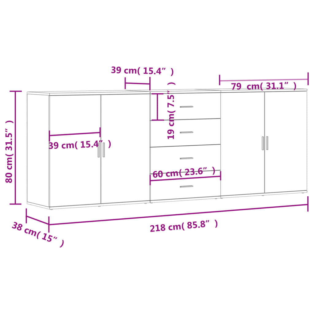 Sideboards 3 pcs Smoked Oak Engineered Wood