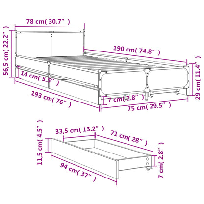 Bed Frame with Drawers without Mattress Smoked Oak 75x190 cm Small Single