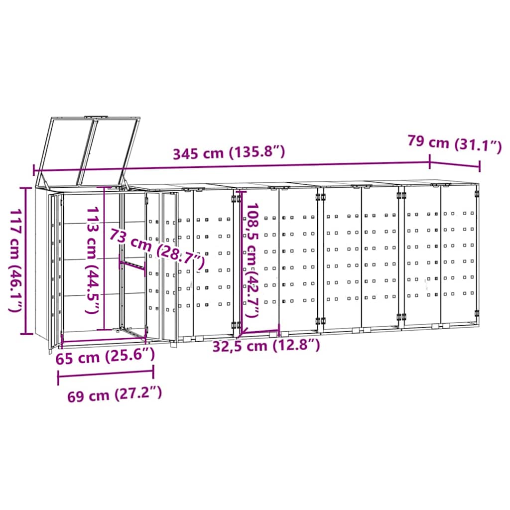 Wheelie Bin Storage for 5 Bins Grey 345x79x117 cm Steel