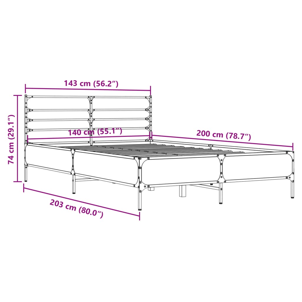 Bed Frame | Brown Oak | Engineered wood, Metal | Double | Bed Frame