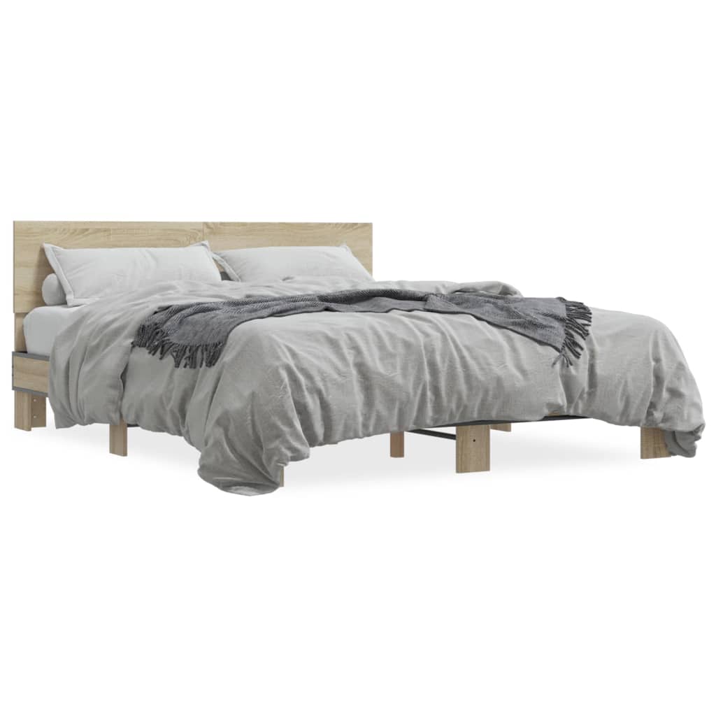 Bed Frame | Sonoma Oak | Engineered Wood and Metal, Plywood Slats
