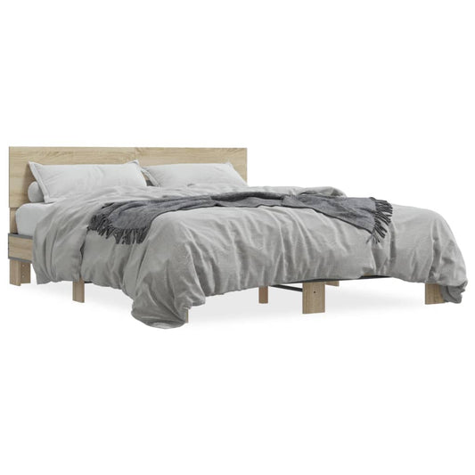 Bed Frame | Sonoma Oak | Engineered Wood and Metal, Plywood Slats
