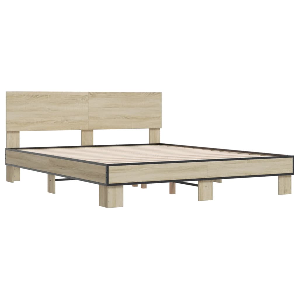Bed Frame | Sonoma Oak | Engineered Wood and Metal, Plywood Slats