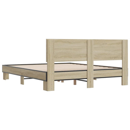 Bed Frame | Sonoma Oak | Engineered Wood and Metal, Plywood Slats