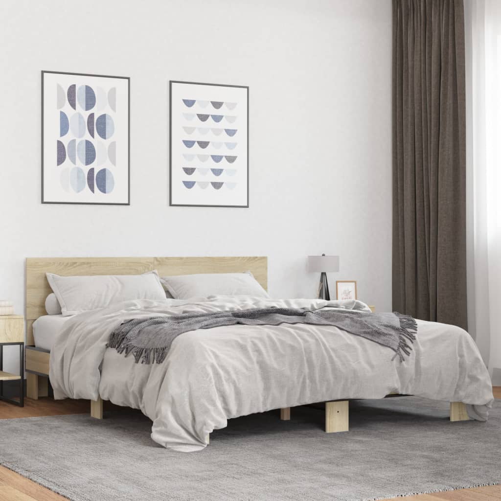 Bed Frame | Sonoma Oak | Engineered Wood and Metal, Plywood Slats
