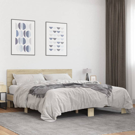 Bed Frame | Sonoma Oak | Engineered Wood and Metal, Plywood Slats