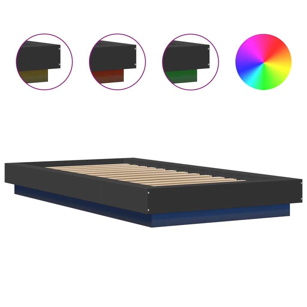 Bed Frame with LED Lights without Mattress Black 75x190cm