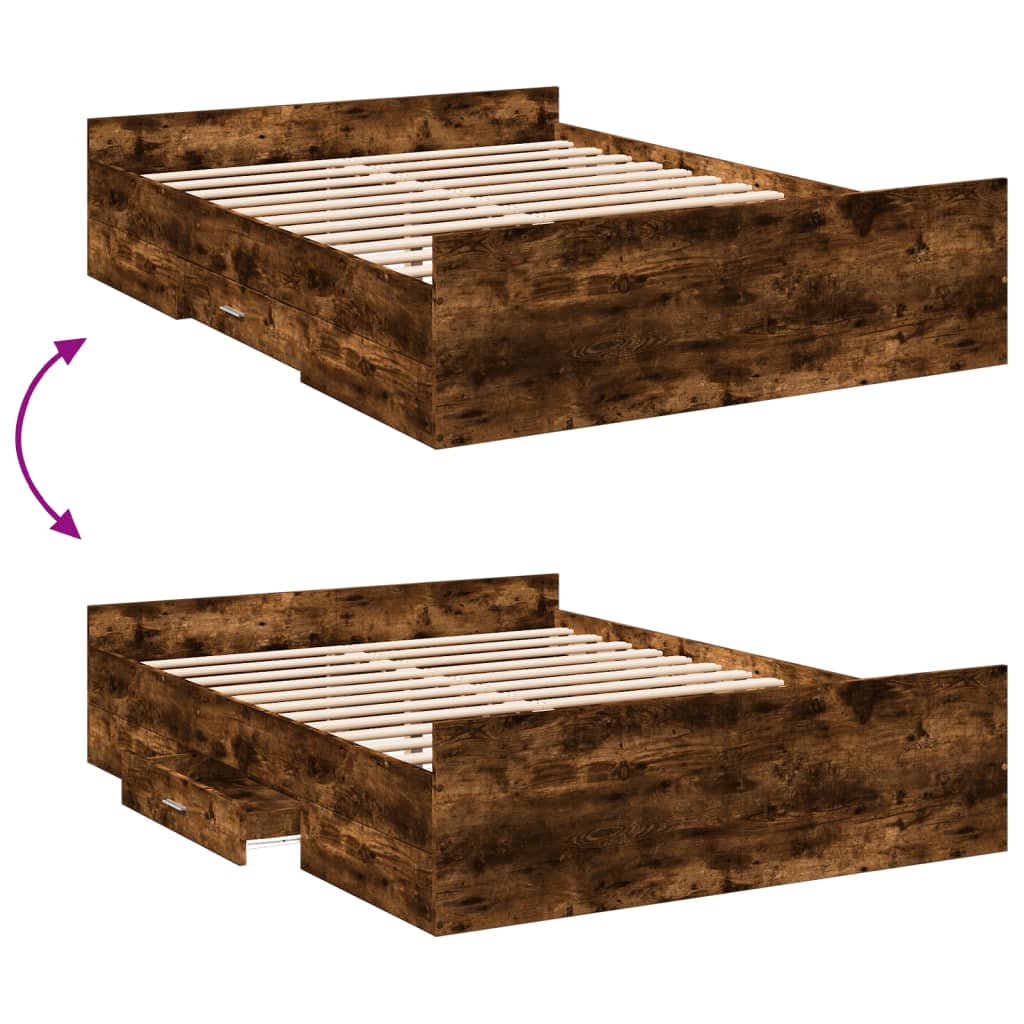 Bed Frame with Drawers without Mattress Smoked Oak 140x190 cm