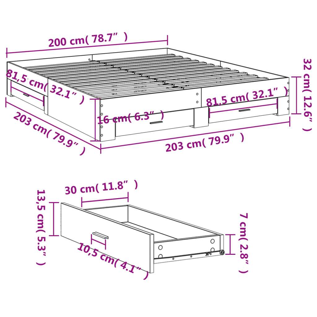 Bed Frame with Drawers without Mattress Concrete Grey 200x200 cm