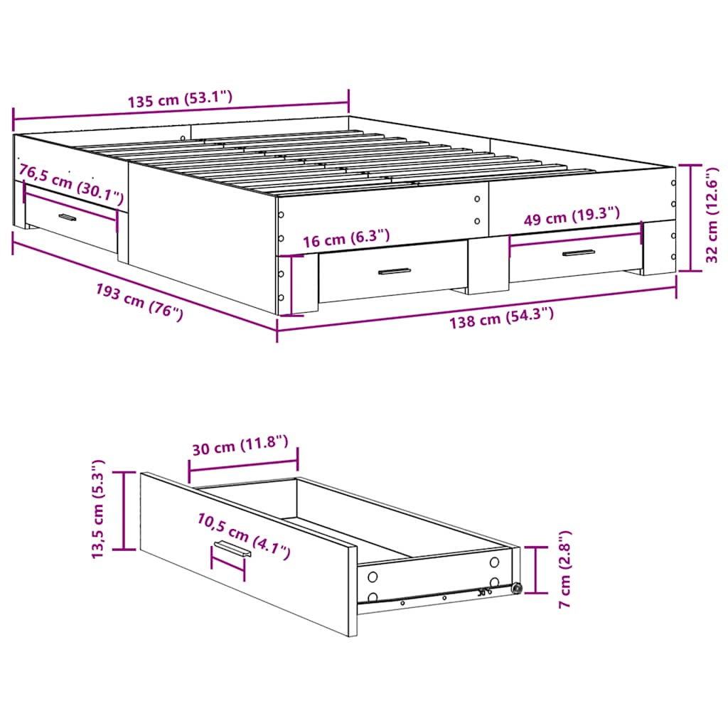 Bed Frame with Drawers without Mattress Grey Sonoma 135x190 cm Double