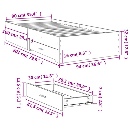 Bed Frame with Drawers without Mattress Grey Sonoma 90x200 cm